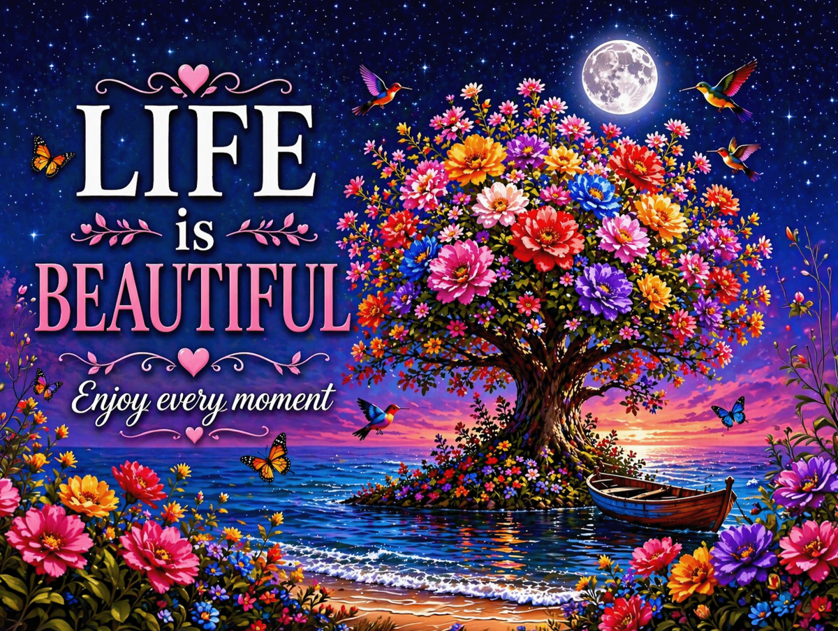 Life Is Beautiful Metal Sign – Colourful Inspirational Floral Décor