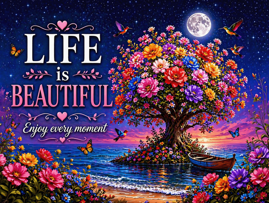Life Is Beautiful Metal Sign – Colourful Inspirational Floral Décor
