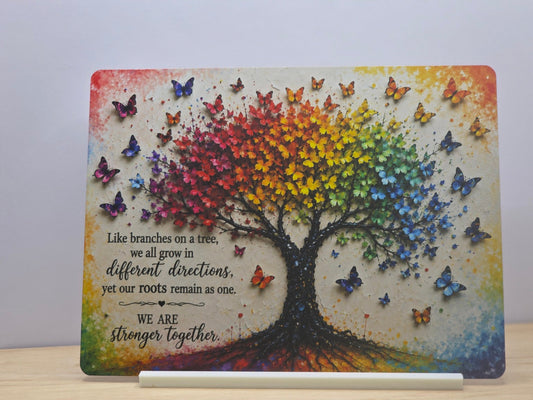 Like Branches on a Tree colourful rainbow family unity quote with butterflies metal sign and free stand