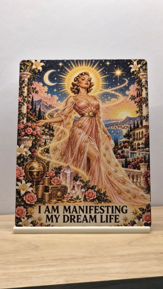 I Am Manifesting My Dream Life portrait metal sign with a woman in a pink gown, golden celestial artwork, flowers and a white stand.