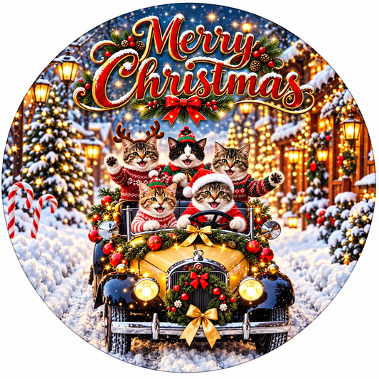 Round Merry Christmas tree decoration design with five festive kittens in a decorated vintage car in a snowy village