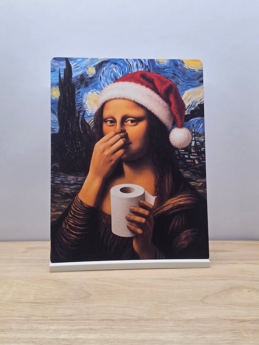 Mona Lisa Santa Hat Christmas Metal Sign with included white stand