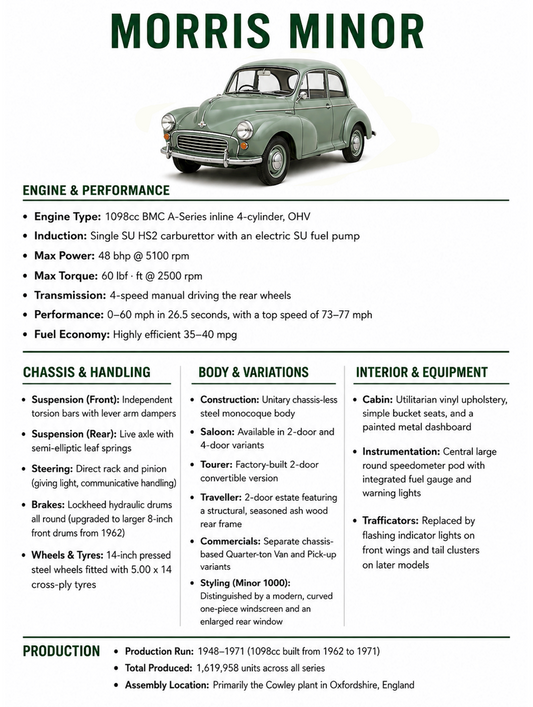 Morris Minor car spec sheet featuring a green Morris Minor and green specification headings on white