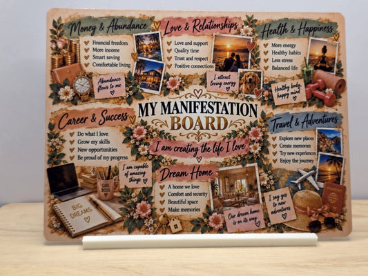 My Manifestation Board metal sign with floral collage covering abundance, relationships, health, career, travel and a dream home