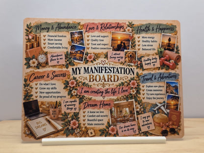 My Manifestation Board metal sign with affirmation collage in its free white stand