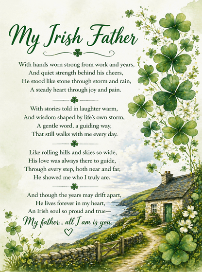 My Irish Father poem artwork for a sentimental Dad gift metal sign.