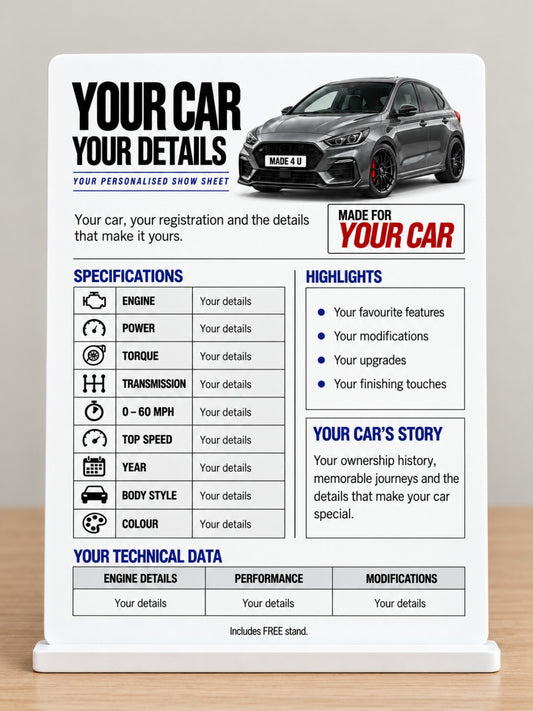 Personalised car show specification metal sign displayed on its free white stand