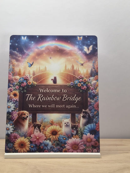Welcome to the Rainbow Bridge pet memorial metal sign with dogs, cats, flowers and included FREE stand