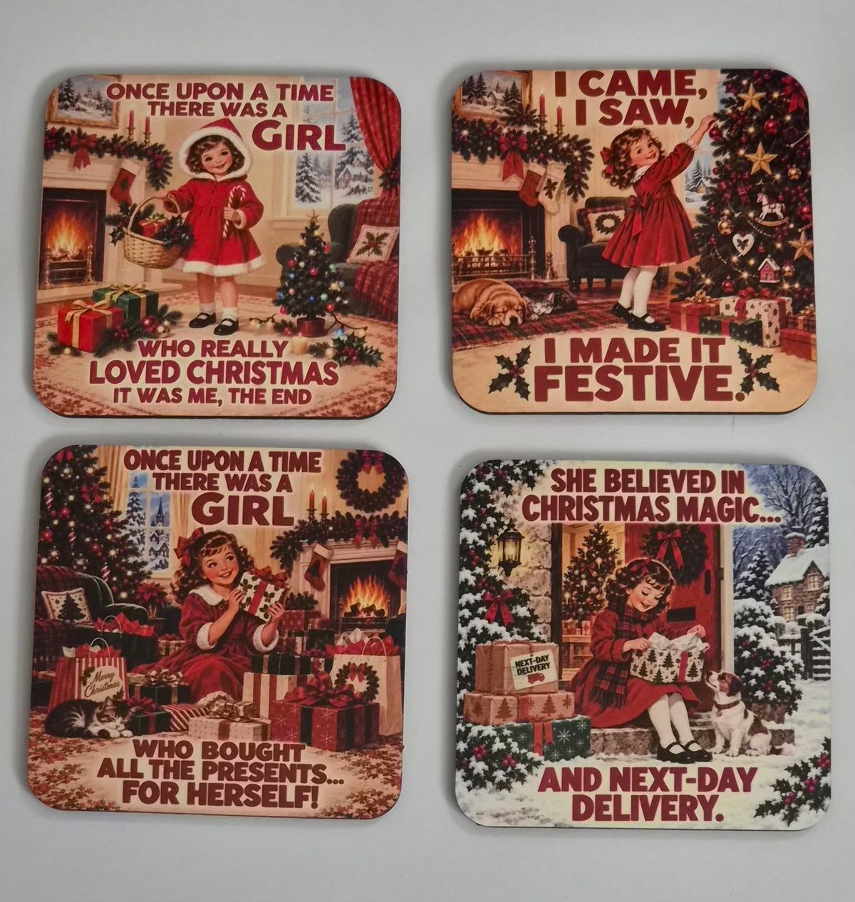 Set of four retro Christmas girl coasters with festive illustrations and funny Christmas sayings