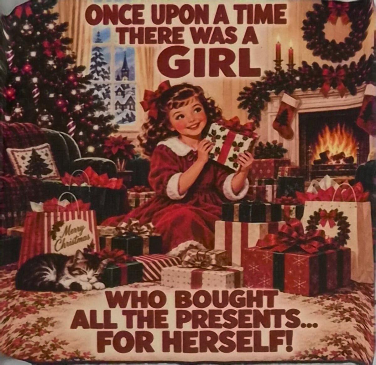 Christmas girl coaster showing a girl surrounded by presents beside a fireplace
