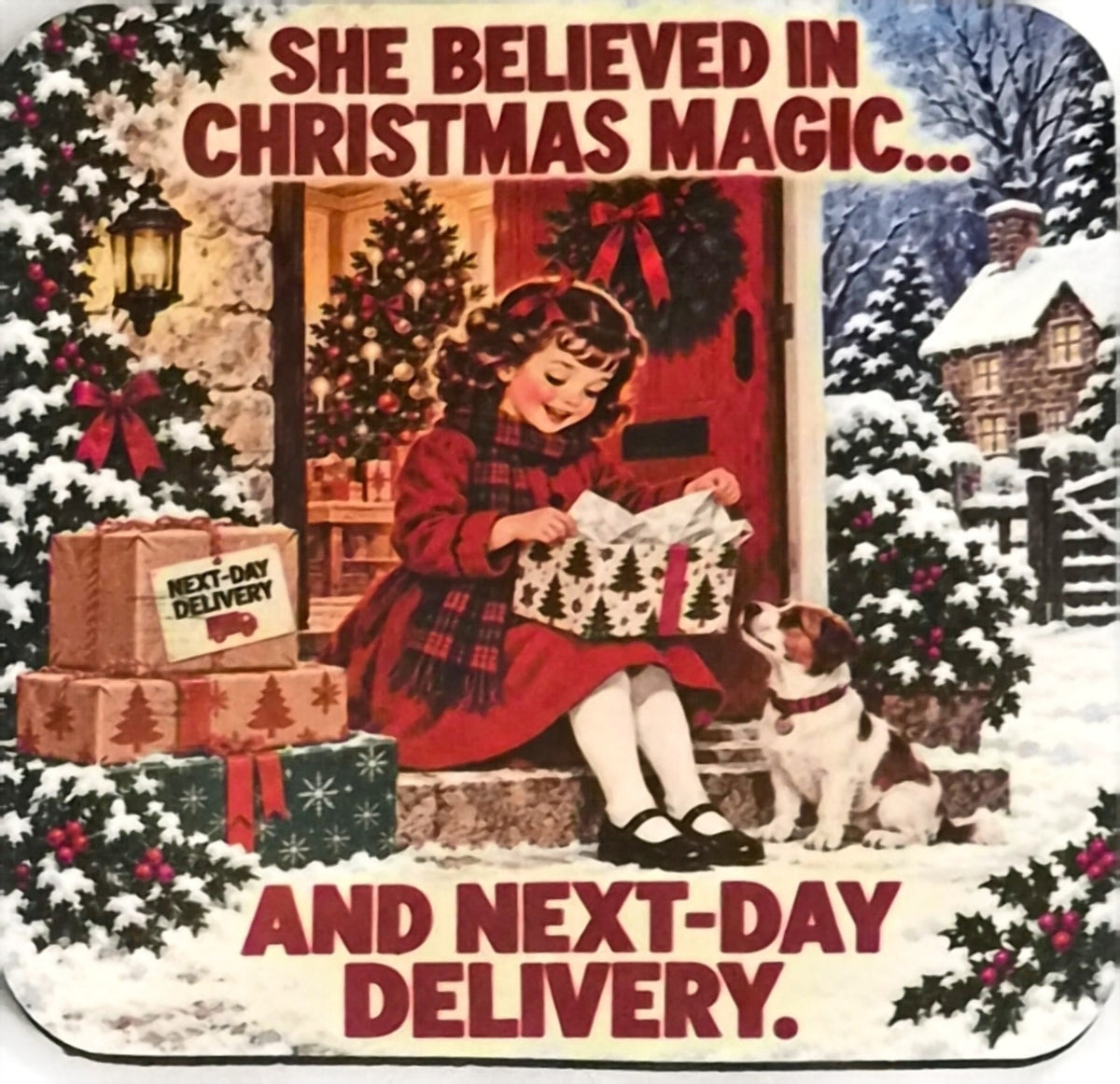 Christmas magic and next-day delivery coaster with a girl opening a present