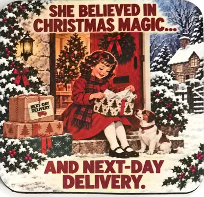 Christmas magic and next-day delivery coaster with a girl opening a present