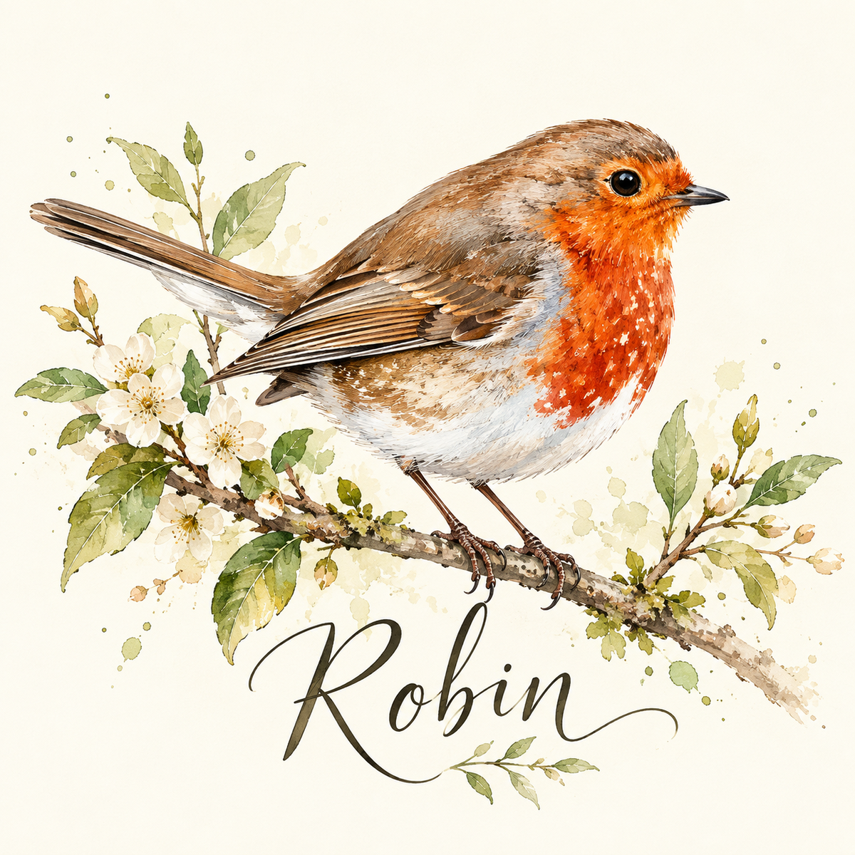 Robin coaster design with white blossom and green leaves