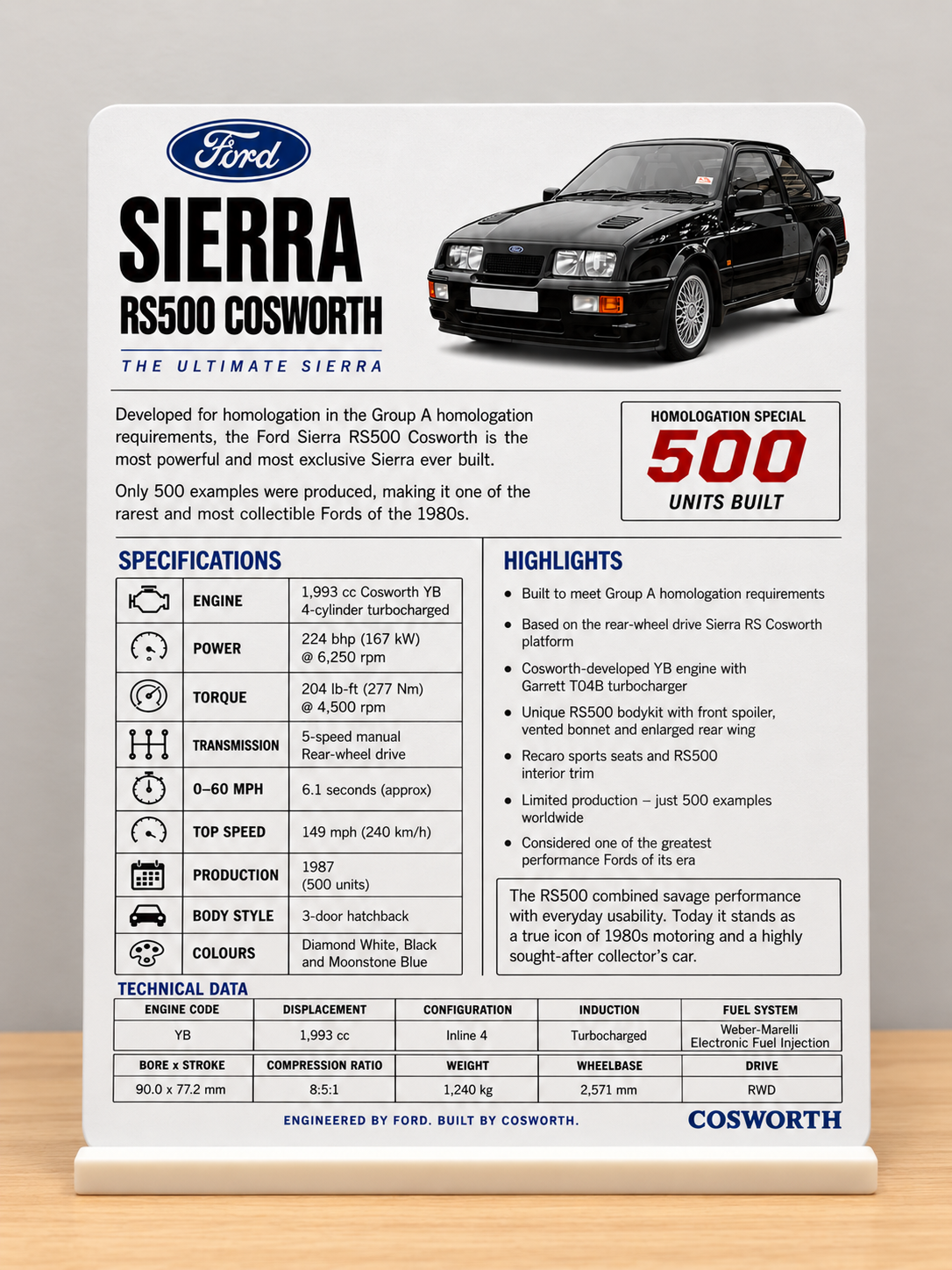 Ford Sierra RS500 Cosworth specification metal sign displayed on its white stand on a wooden surface