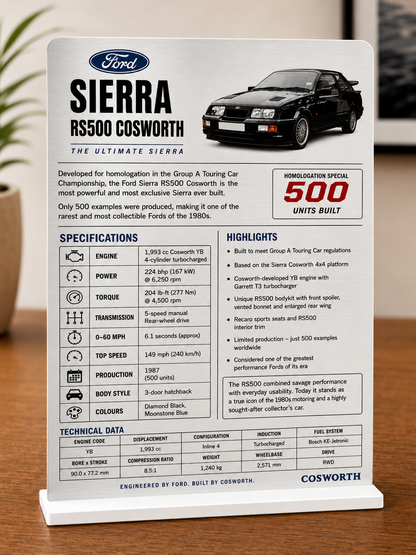 Ford Sierra RS500 Cosworth Aluminium Display Board | Classic Cosworth Information Plaque
