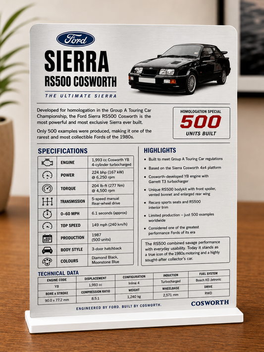 Ford Sierra RS500 Cosworth Aluminium Display Board | Classic Cosworth Information Plaque