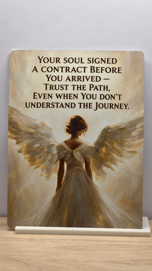 Golden angel viewed from behind beneath the soul contract and trust the path quote