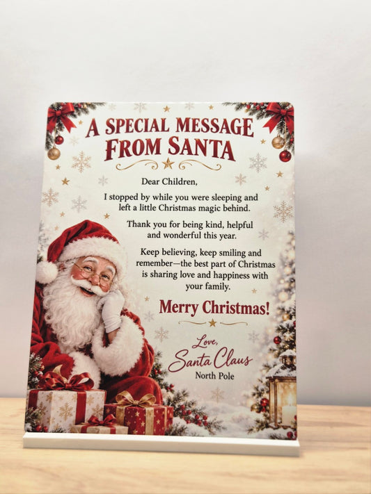 A Special Message from Santa metal sign with Father Christmas, holly and a Christmas morning message, displayed in a white stand
