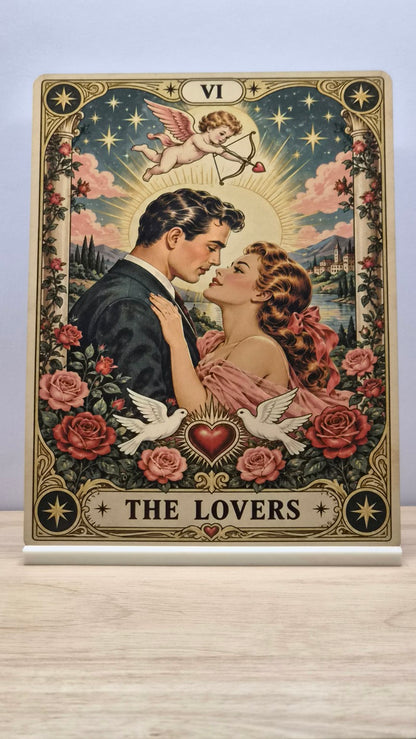 The Lovers VI tarot-inspired metal sign showing a romantic couple, Cupid, roses and doves
