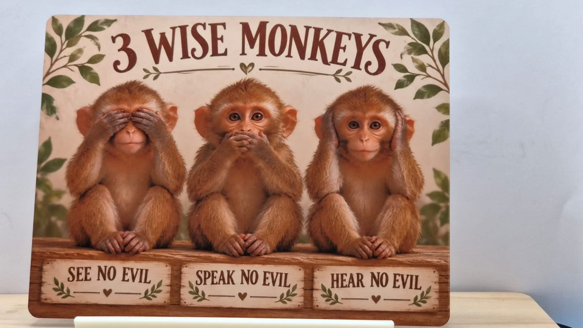 3 Wise Monkeys metal sign reading See No Evil, Speak No Evil and Hear No Evil, displayed in a FREE white stand