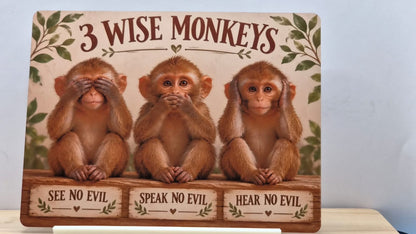 3 Wise Monkeys metal sign reading See No Evil, Speak No Evil and Hear No Evil, displayed in a FREE white stand