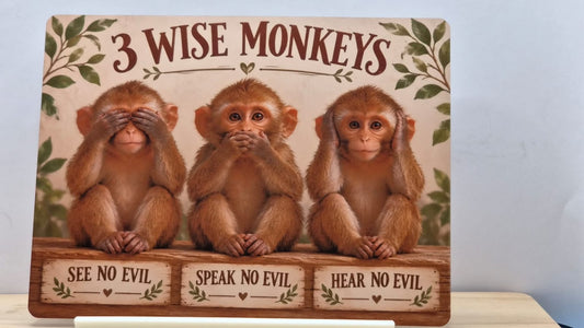 3 Wise Monkeys metal sign reading See No Evil, Speak No Evil and Hear No Evil, displayed in a FREE white stand