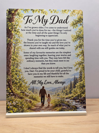 To My Dad metal sign with an appreciation message above a father and child walking in woodland