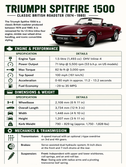Triumph Spitfire 1500 car spec sheet featuring a red roadster and green specification headings on white