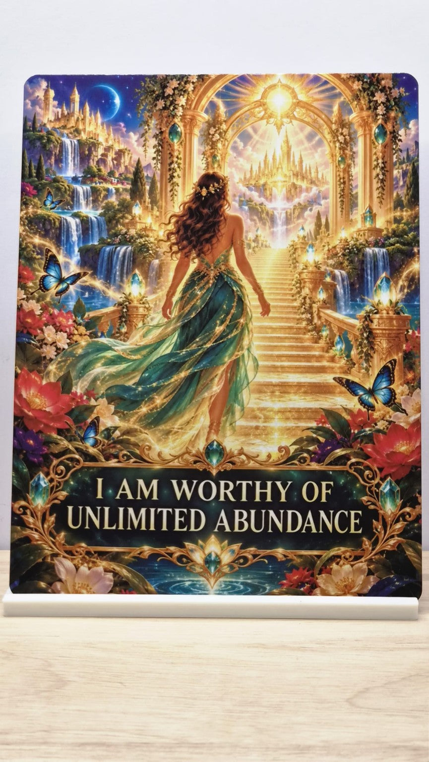 I Am Worthy of Unlimited Abundance metal sign with a woman in green approaching a golden arch