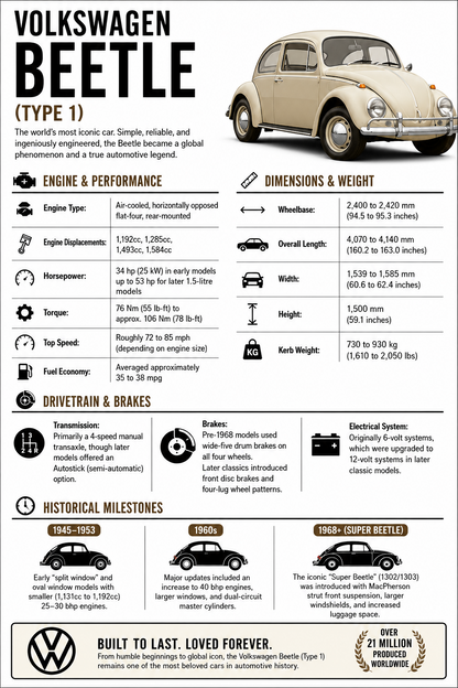 Volkswagen Beetle Type 1 car spec sheet featuring a cream Beetle and brown specification headings on white