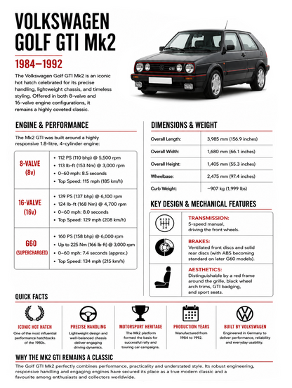 Volkswagen Golf GTI Mk2 specification metal sign featuring a black car with vehicle information in a portrait layout