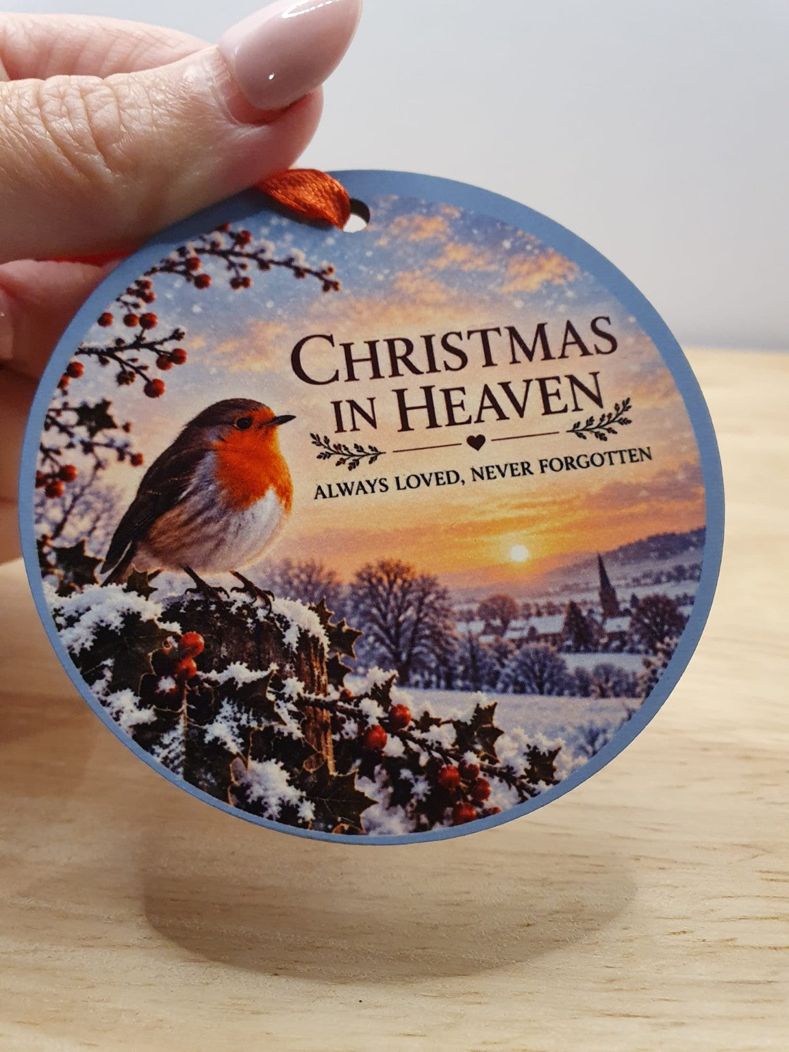 Christmas in Heaven hanging keepsake with robin, a sample remembrance Christmas decoration