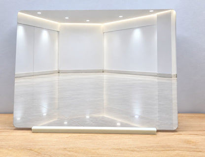 Empty white showroom template on a landscape metal sign with a white stand