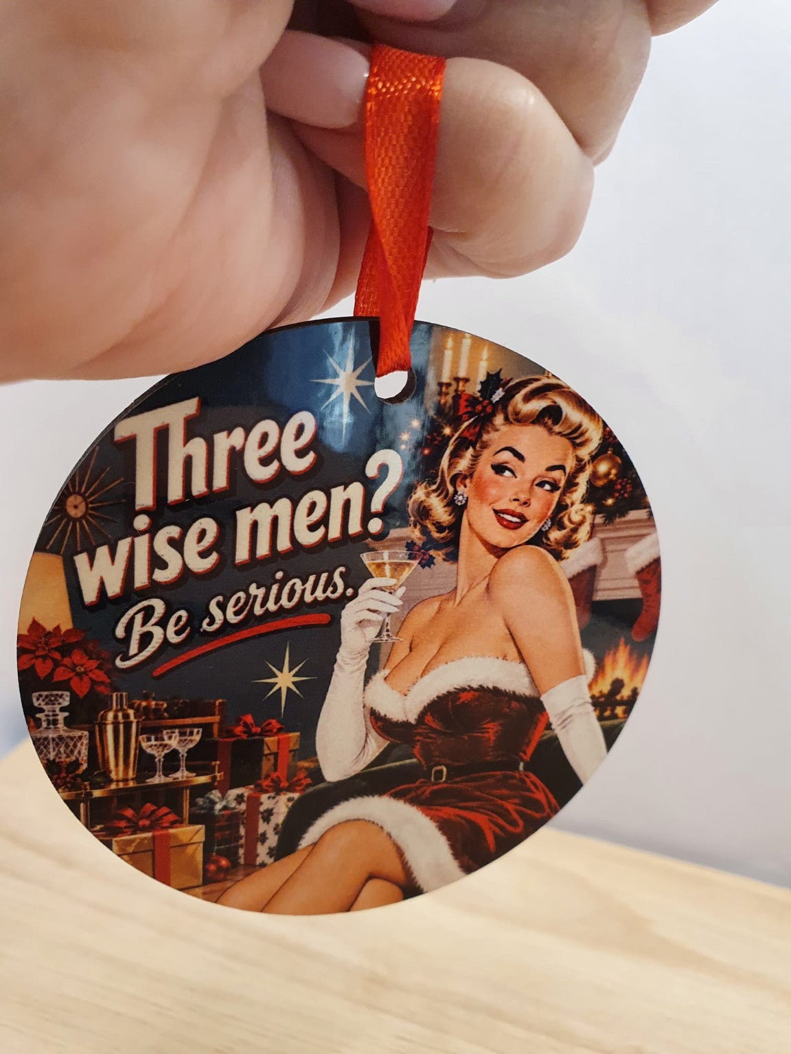 Funny vintage festive Christmas tree decoration example with hanging ribbon