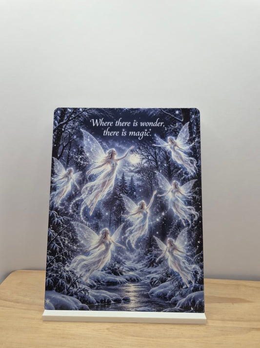 Where There Is Wonder fairy metal sign with a moonlit winter forest, glowing fairies and a stream, displayed in a white stand