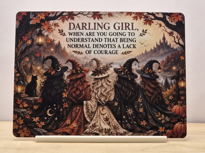 Darling Girl witch quote metal sign with autumn woodland scene of five witches and free stand