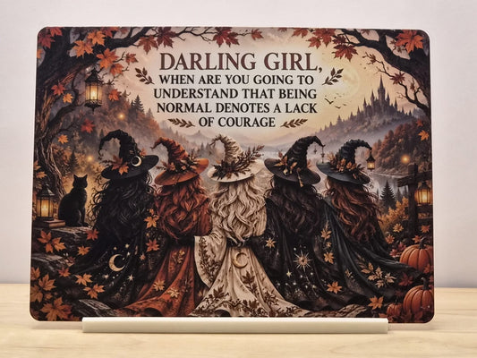 Darling Girl witch quote metal sign with autumn woodland scene of five witches and free stand