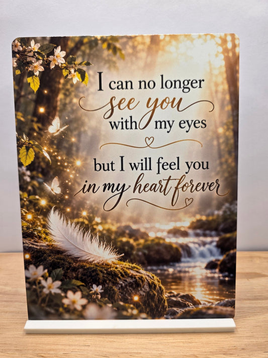 Woodland memorial metal sign with In My Heart Forever wording, a white feather, butterflies and a sunlit stream
