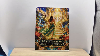 I am worthy of unlimited abundance affirmation metal sign featuring a woman in a green dress and a golden fantasy arch, with FREE stand