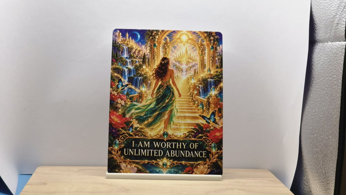 I am worthy of unlimited abundance affirmation metal sign featuring a woman in a green dress and a golden fantasy arch, with FREE stand