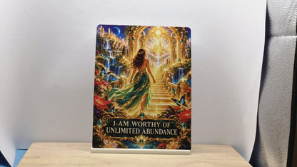 I am worthy of unlimited abundance affirmation metal sign featuring a woman in a green dress and a golden fantasy arch, with FREE stand