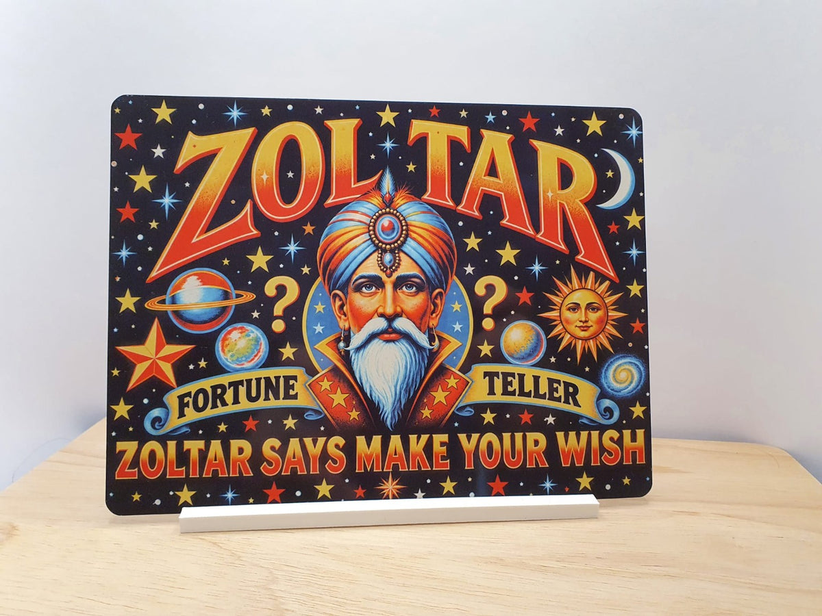 Zoltar Fortune Teller Retro Metal Sign with included white stand