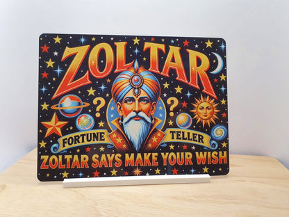 Zoltar Fortune Teller Retro Metal Sign with included white stand