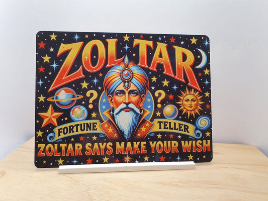 Zoltar Fortune Teller Retro Metal Sign with included white stand